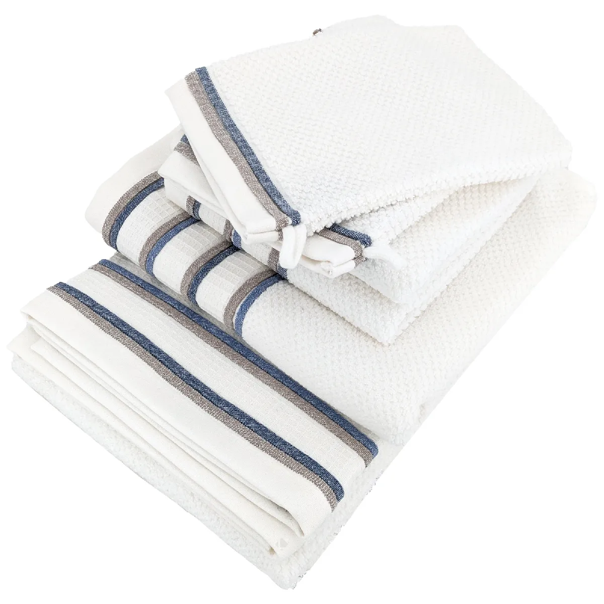 Parure De Bain 5 Pièces Coton Collection Serata Blanc Bleu