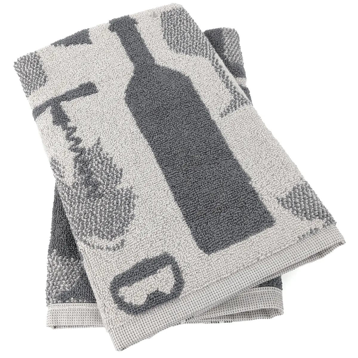 Lot De 2 Torchons De Cuisine Pur Coton 50x50 Cm Vitis Motif Viticole Gris
