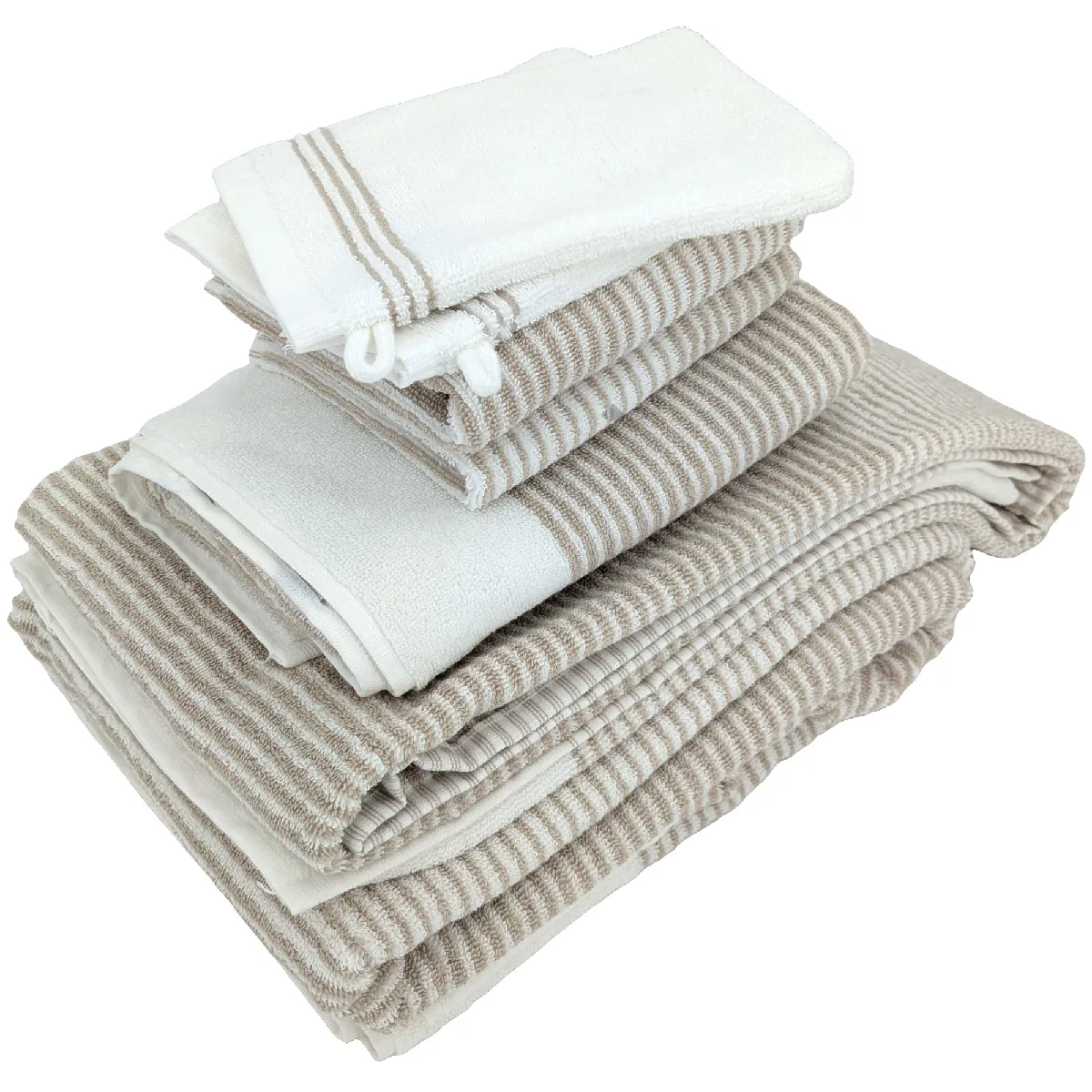 Parure De Bain 7 Pièces Collection Horizon Pur Coton À Rayures Beige