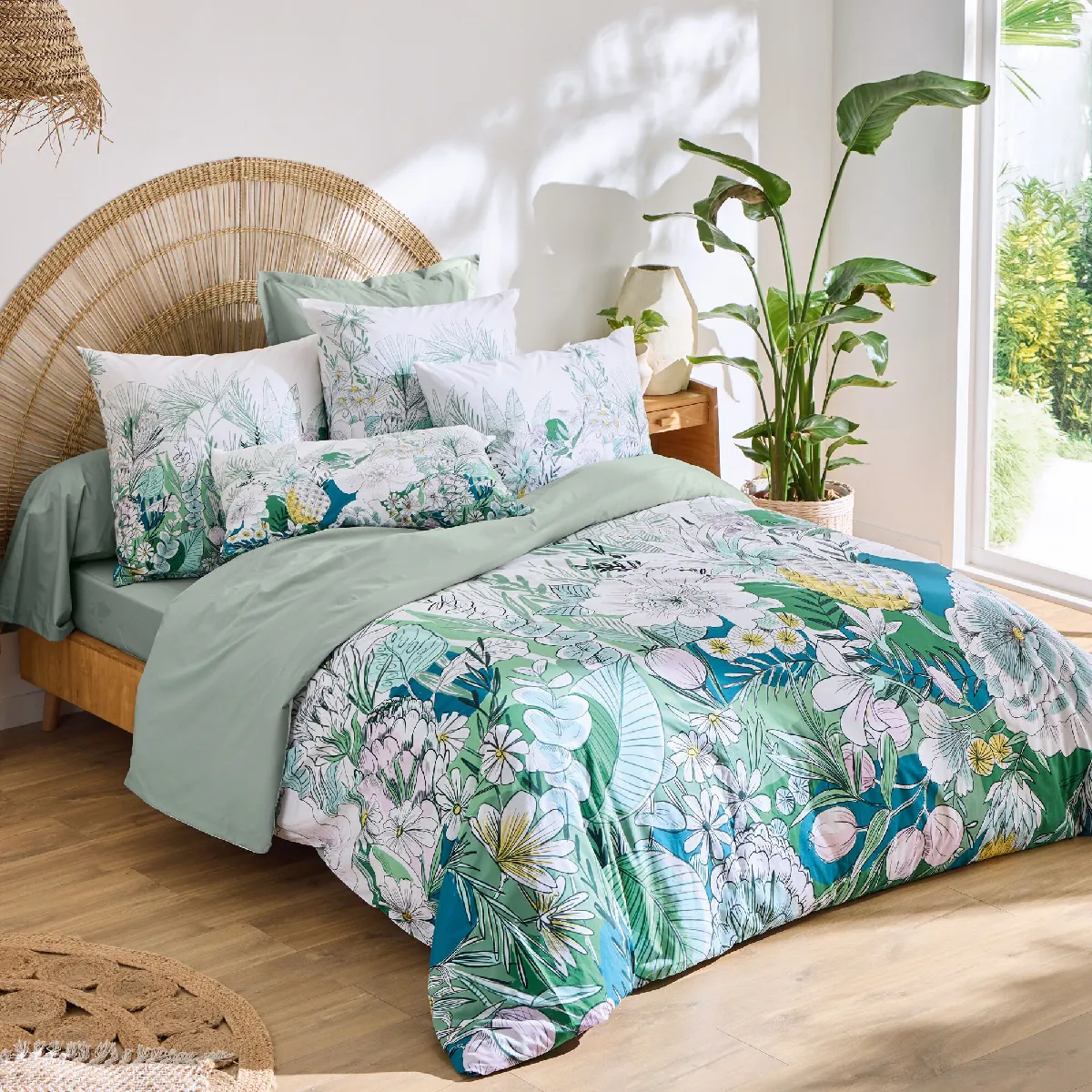 Parure De Lit 140x200 Cm 65x65 Cm Percale De Coton Bali Motif Floral Vert