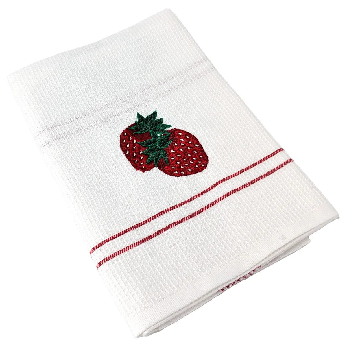 Torchon De Cuisine 50x70 Cm Waffle Brodé Coton Rouge Broderie Fraise