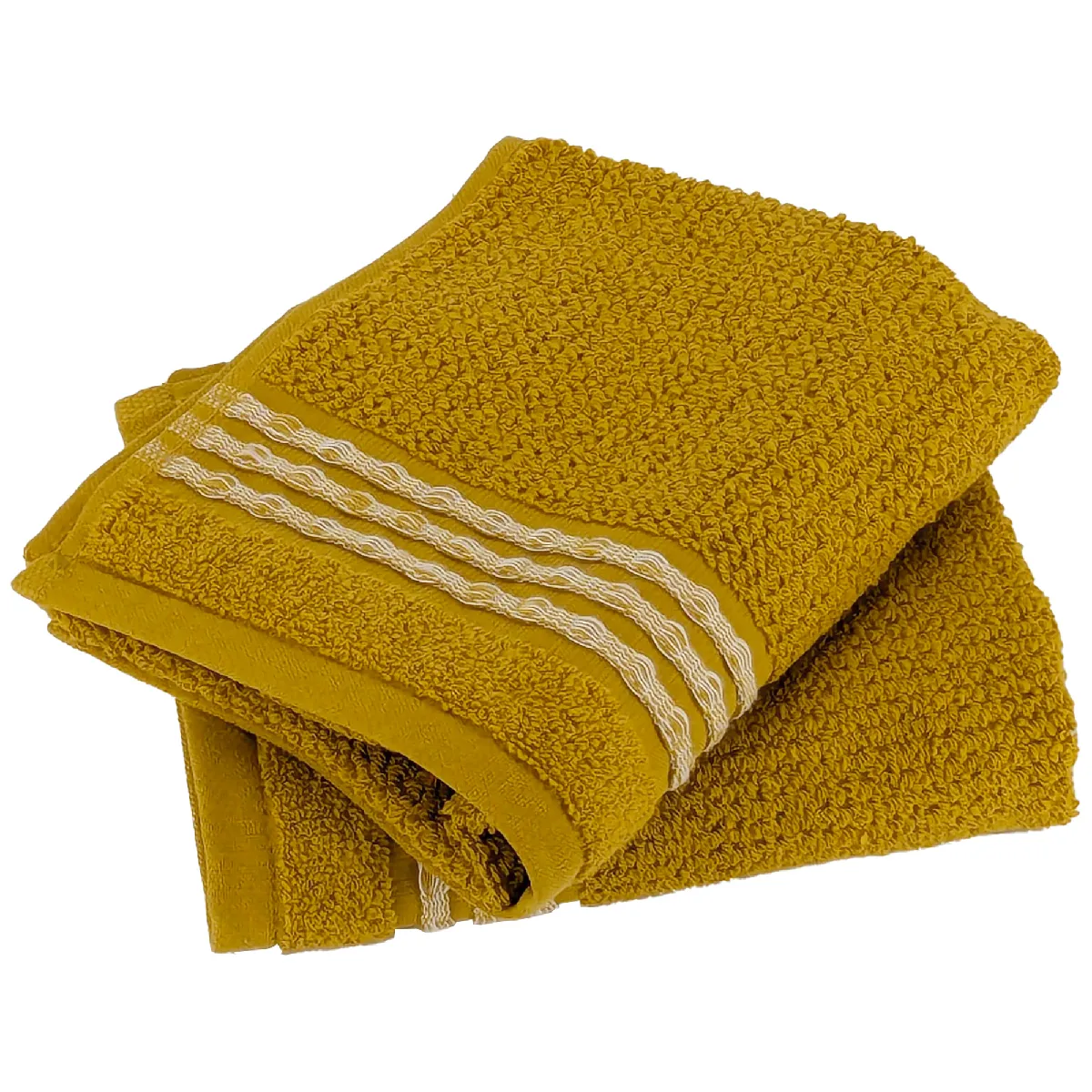 Lot De 2 Serviettes Invité 33x50 Cm Pur Coton Intense À Bordures Blanches Jaune