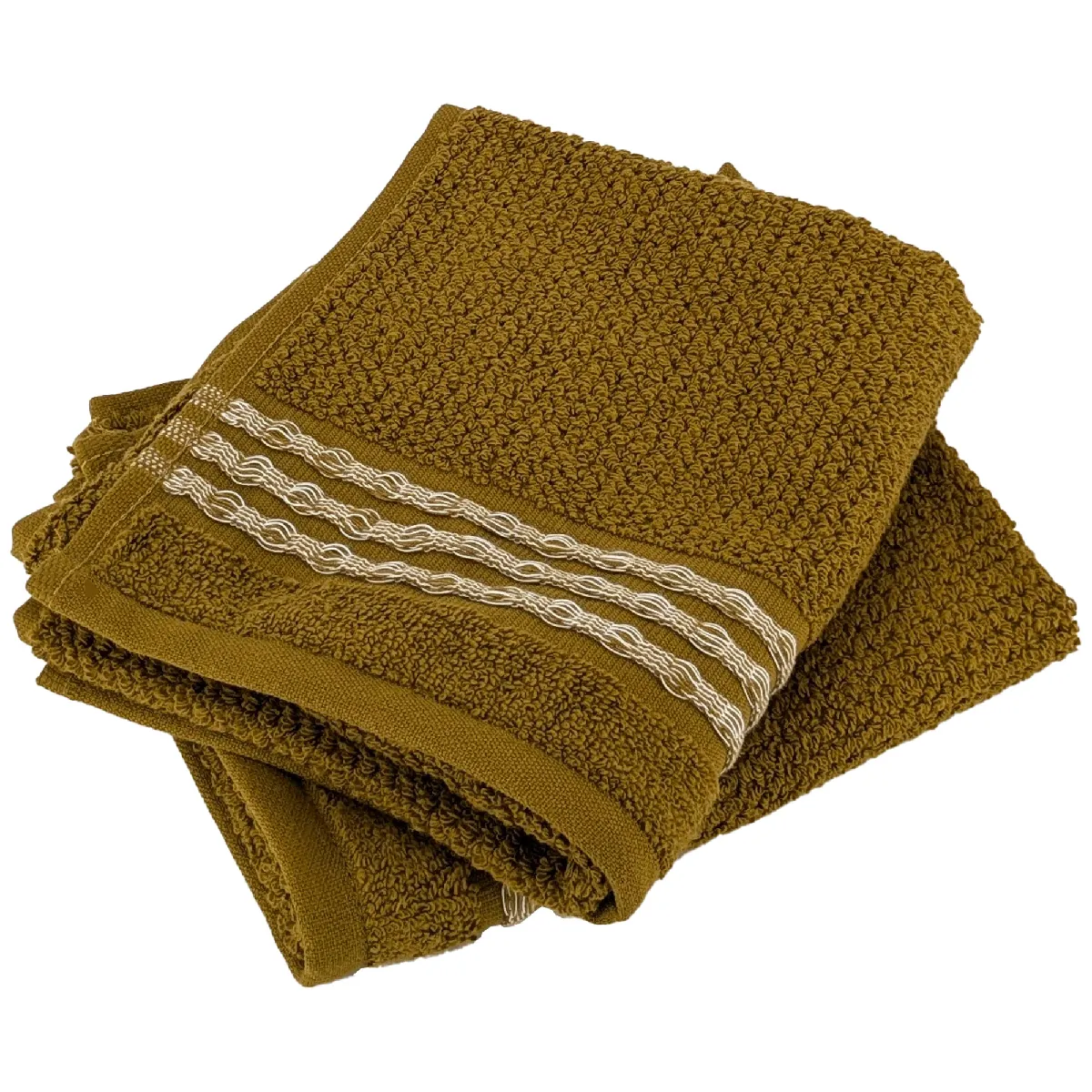 Lot De 2 Serviettes Invité 33x50 Cm Pur Coton Intense À Bordures Blanches Ocre