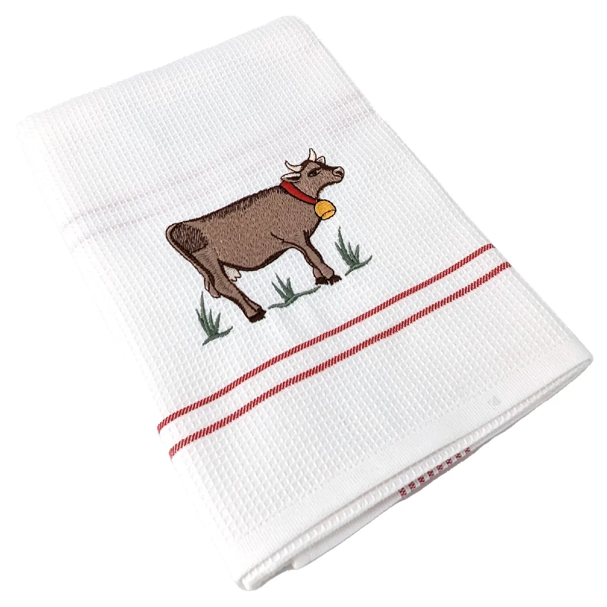 Torchon De Cuisine 50x70 Cm Waffle Brodé Coton Rouge Broderie Vache