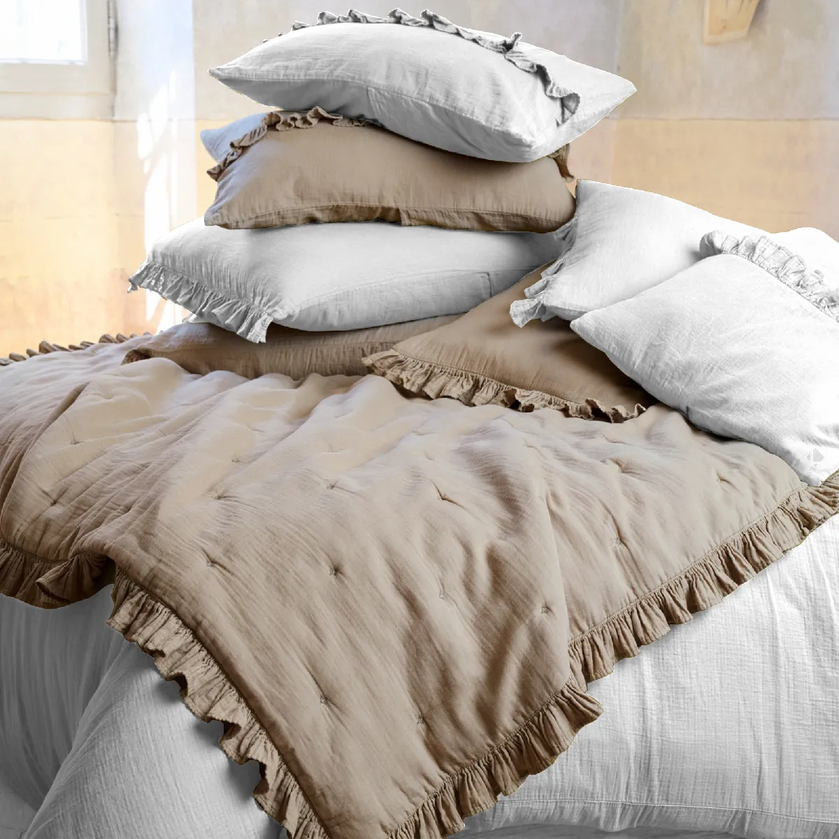 Couverture Courtepointe En Mousseline De Coton 150x150 Cm + 5 Cm Elza Blanc Neige
