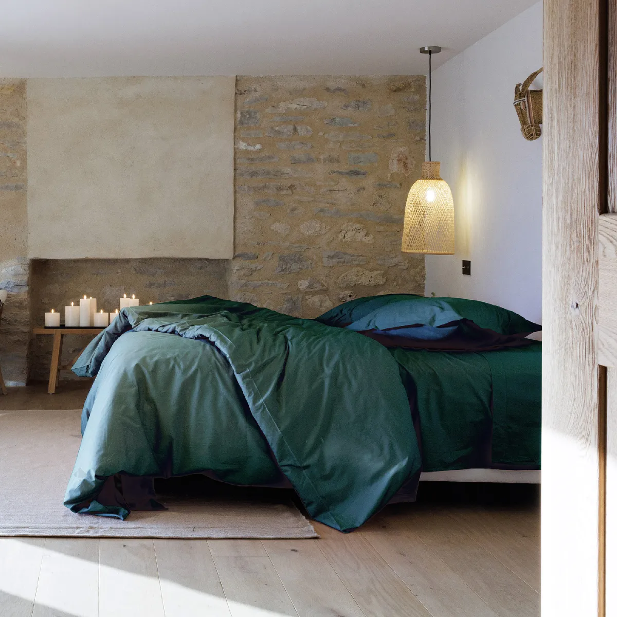 Parure De Lit 140x200 Cm Set 65x65 Cm Percale Manoir Vert Canard