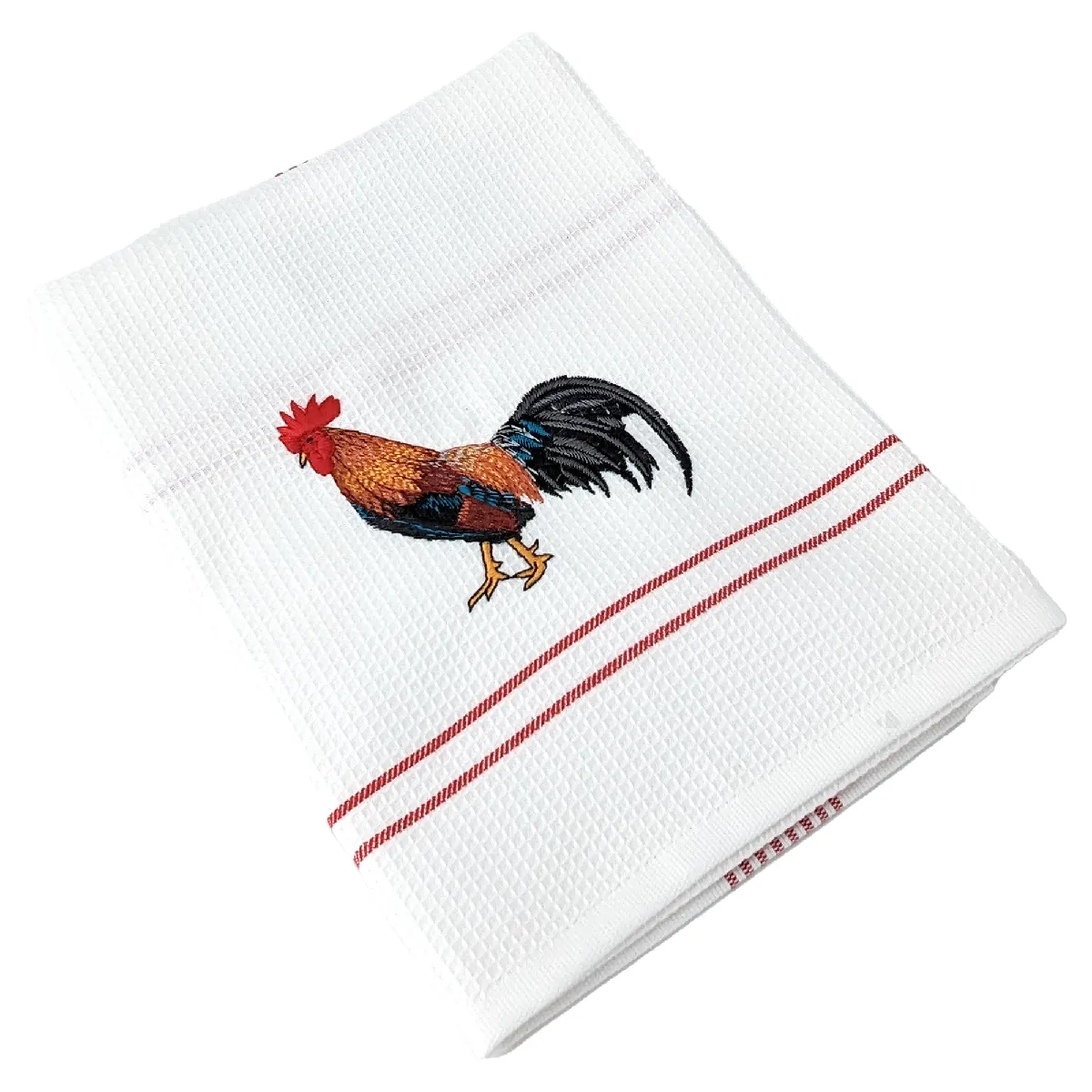 Torchon De Cuisine 50x70 Cm Waffle Brodé Coton Rouge Broderie Coq