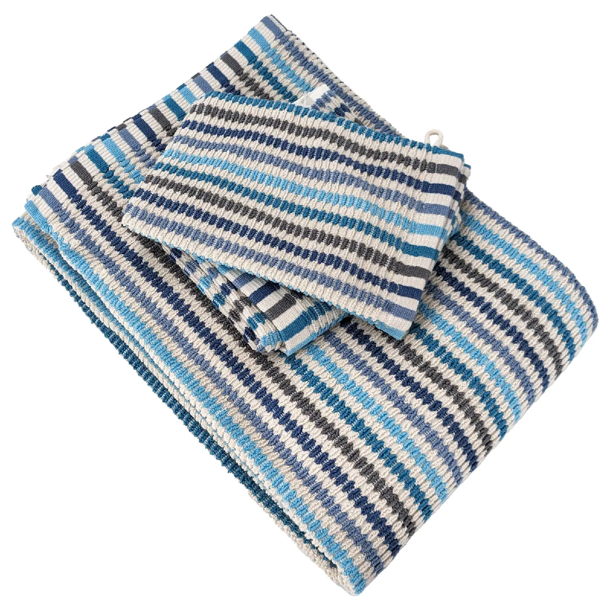 Parure De Bain À Rayures Pur Coton Collection Breeze 4 Pièces Bleu