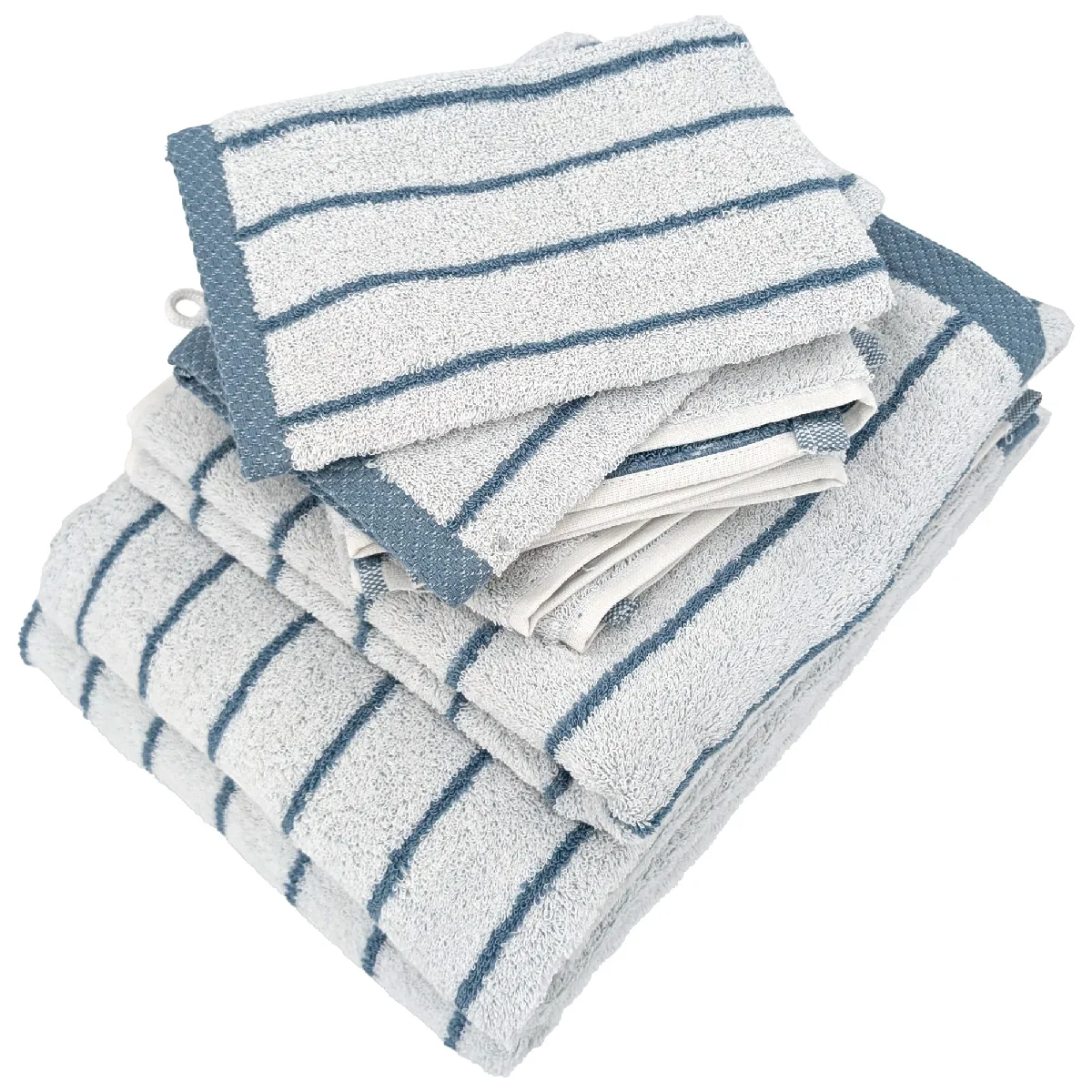 Parure De Bain 7 Pièces Collection Pure Light Motif Rayures Pur Coton Bleu