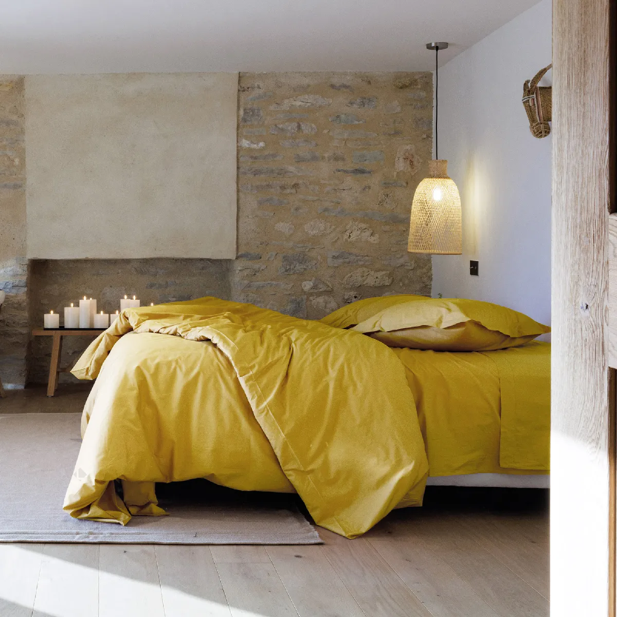 Parure De Lit 240x220 Cm Set 50x70 Cm Percale Manoir Jaune Moutarde