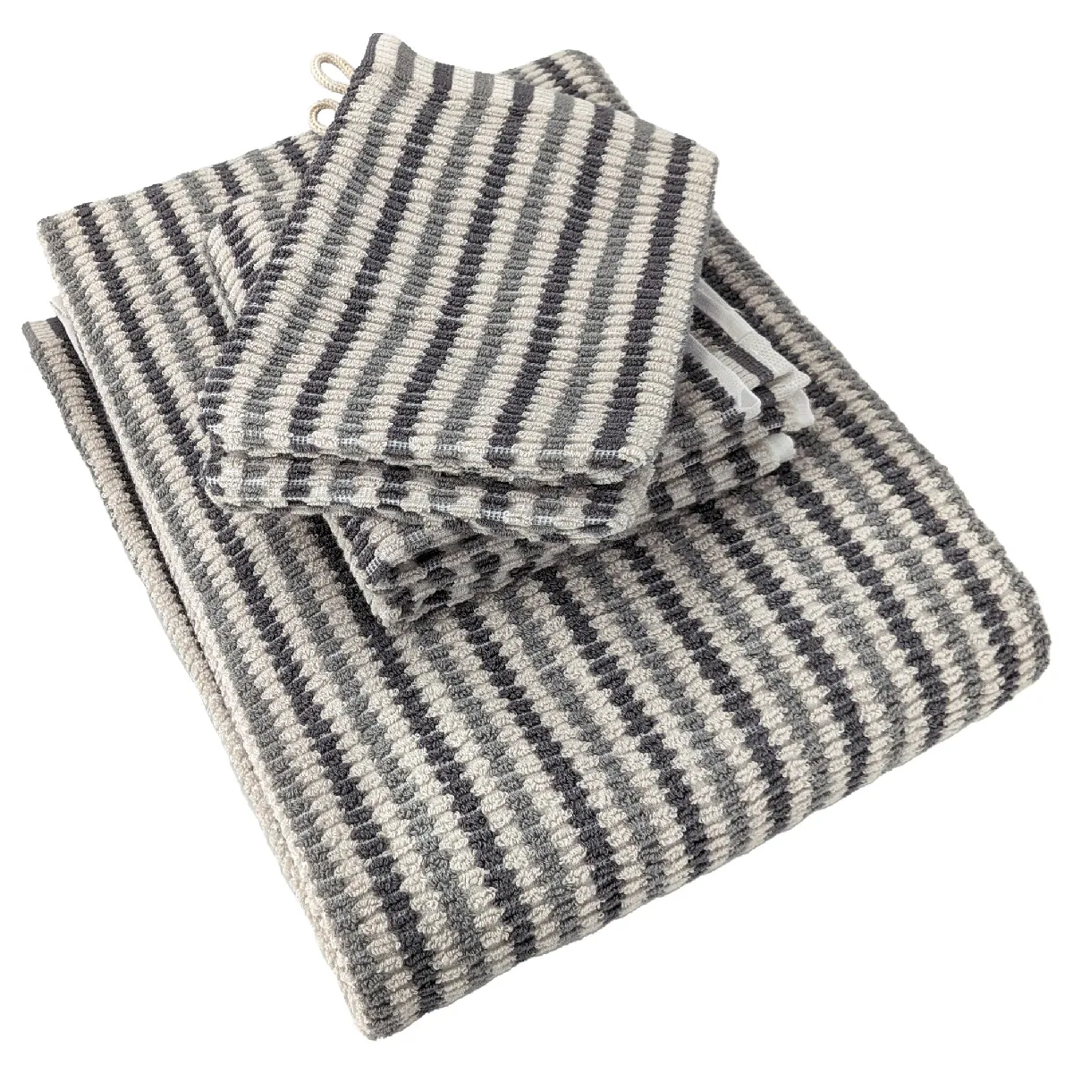 Parure De Bain À Rayures Pur Coton Collection Breeze 4 Pièces Gris