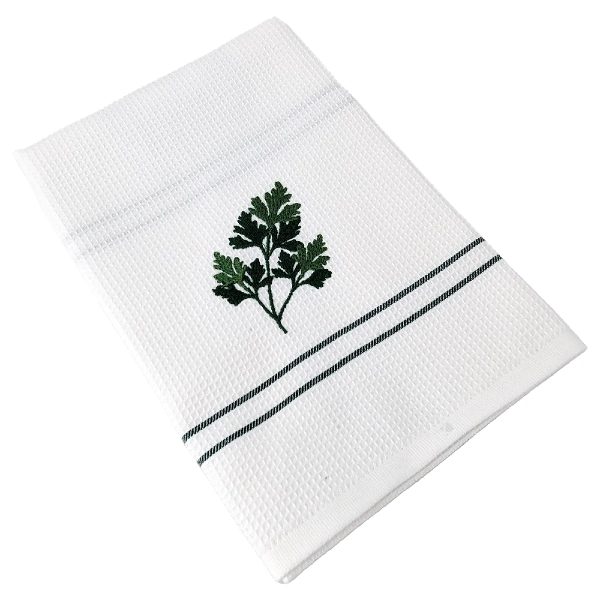 Torchon De Cuisine 50x70 Cm Waffle Brodé Coton Vert Broderie Persil