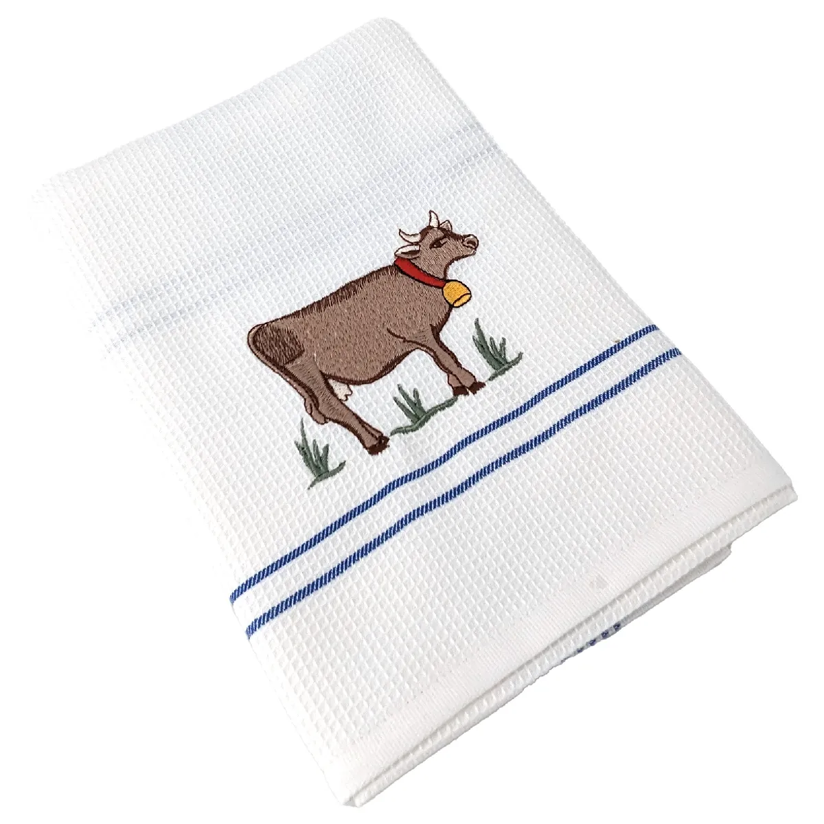 Torchon De Cuisine 50x70 Cm Waffle Brodé Coton Bleu Broderie Vache