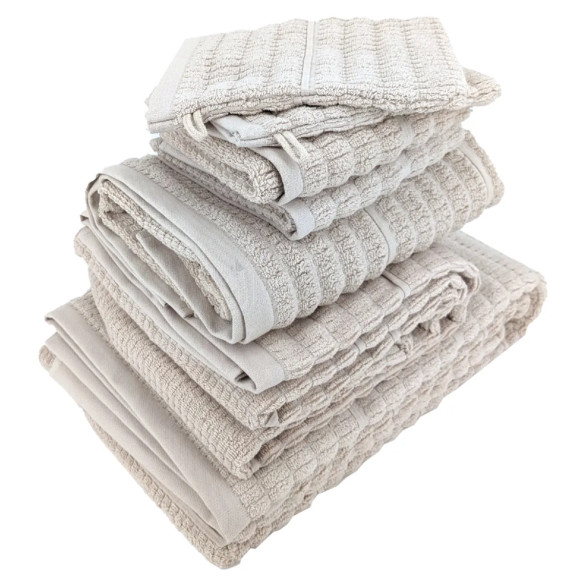 Parure De Bain En Fils Retors Pur Coton Collection Swell 7 Pièces Beige