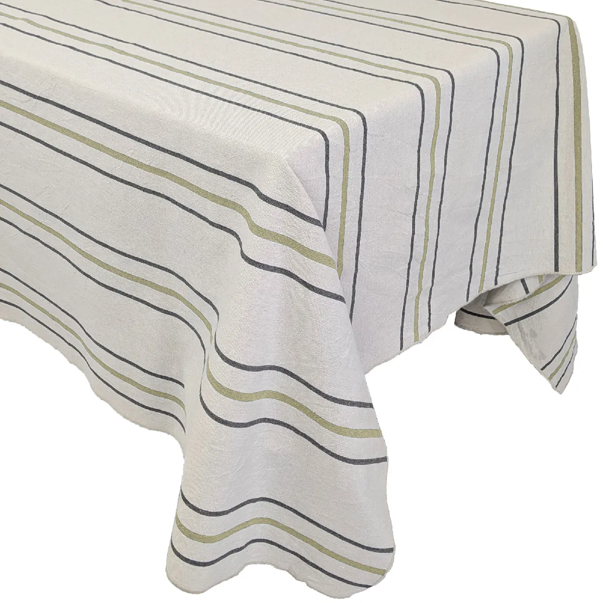 Nappe Rectangle 160x300 Cm Hoshi En Coton Fil Teint À Rayures Vert Mousse