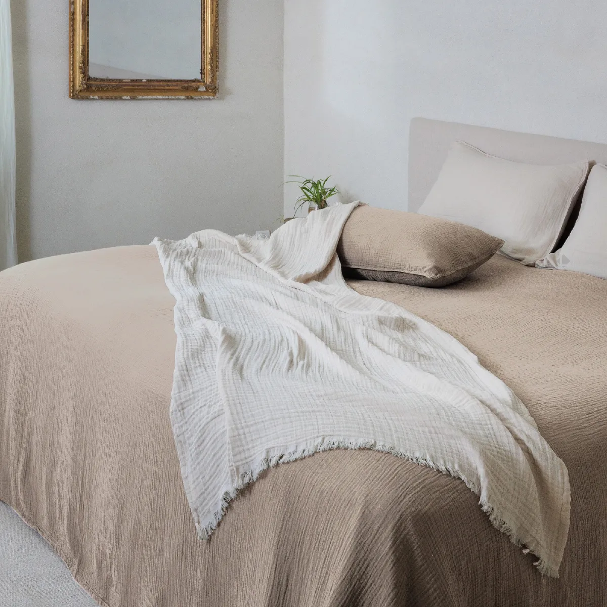 Couvre-lit 260x240 Cm Coton Collection Paros Beige Chanvre