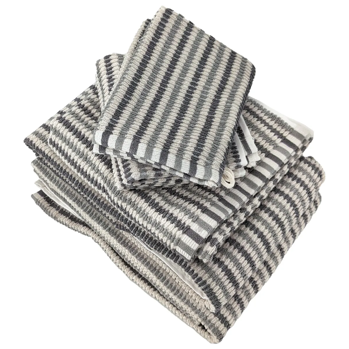 Parure De Bain À Rayures Pur Coton Collection Breeze 7 Pièces Gris