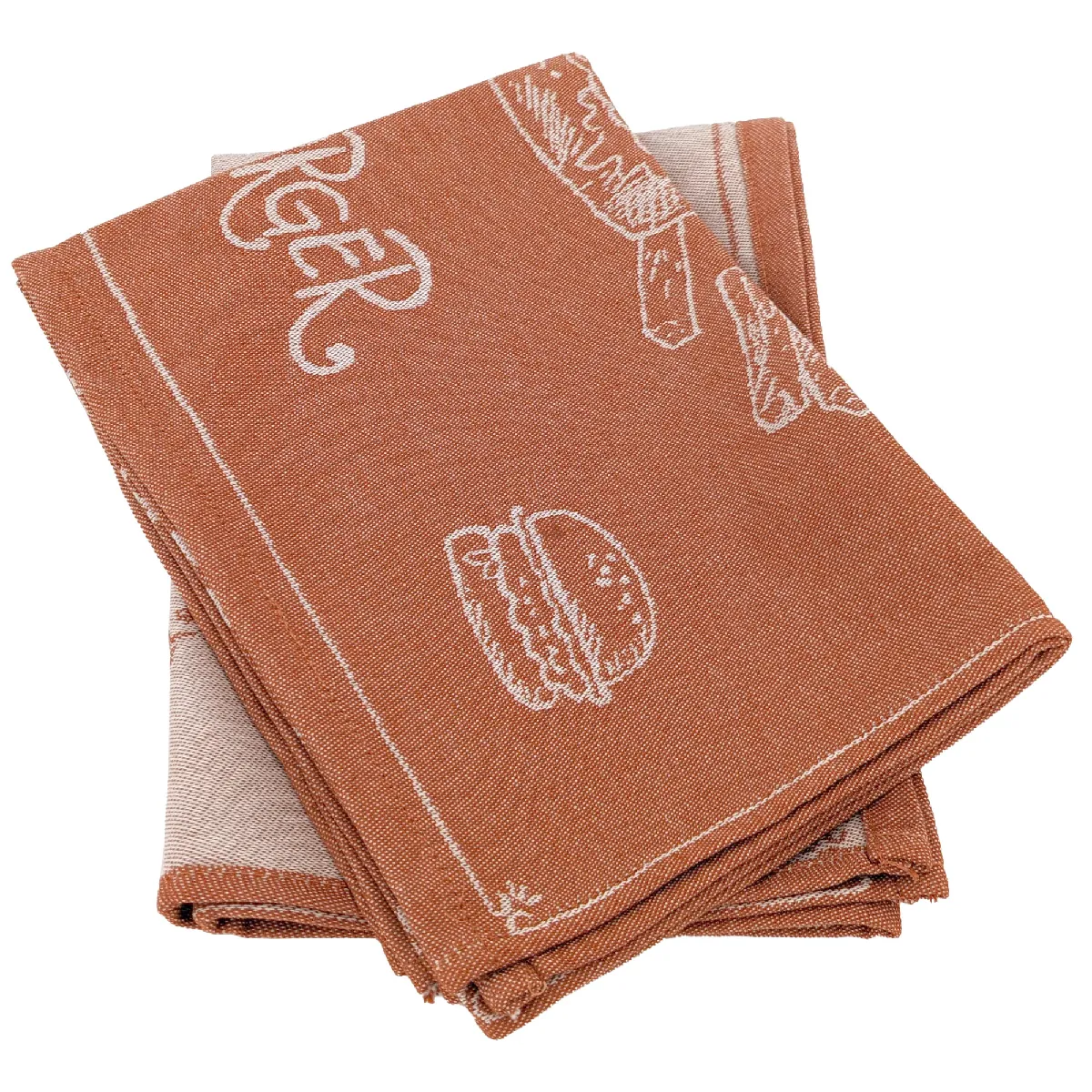 Lot De 2 Torchons De Cuisine Pur Coton 50x70 Cm Burger Orange