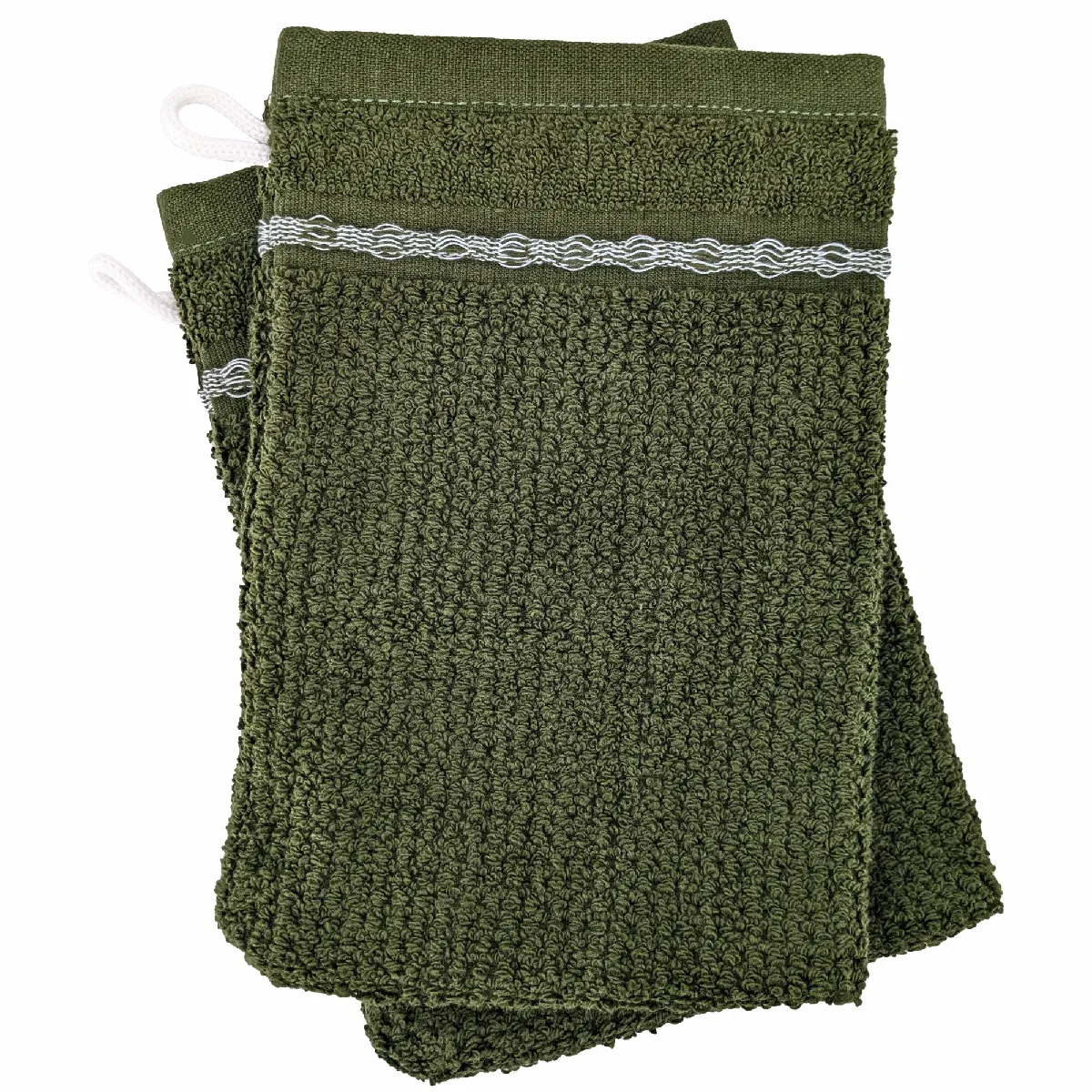 Lot De 2 Gants De Toilette 16x21cm Pur Coton Intense À Bordures Blanches Vert Mousse
