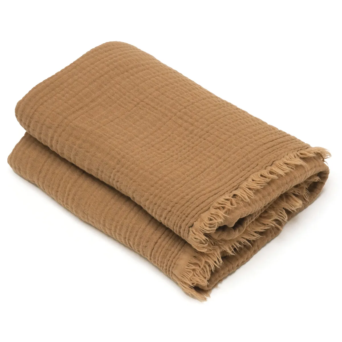 Drap De Plage 95x180 Cm Mousseline De Coton Collection Kea Avec Franges Marron Cogna