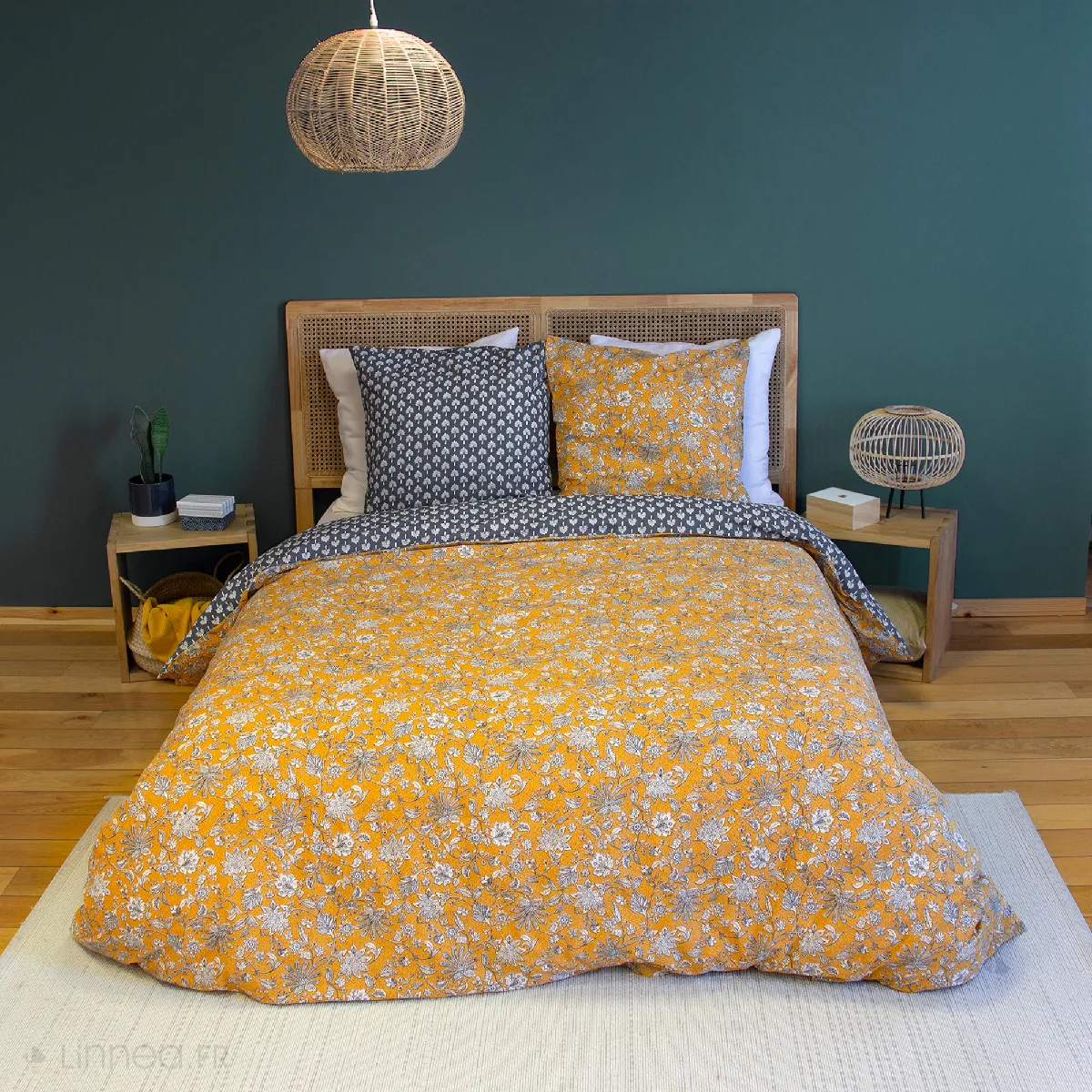 Parure De Lit 240x220 Cm Pur Coton Aschwini Motif Floral Jaune 3 Pièces