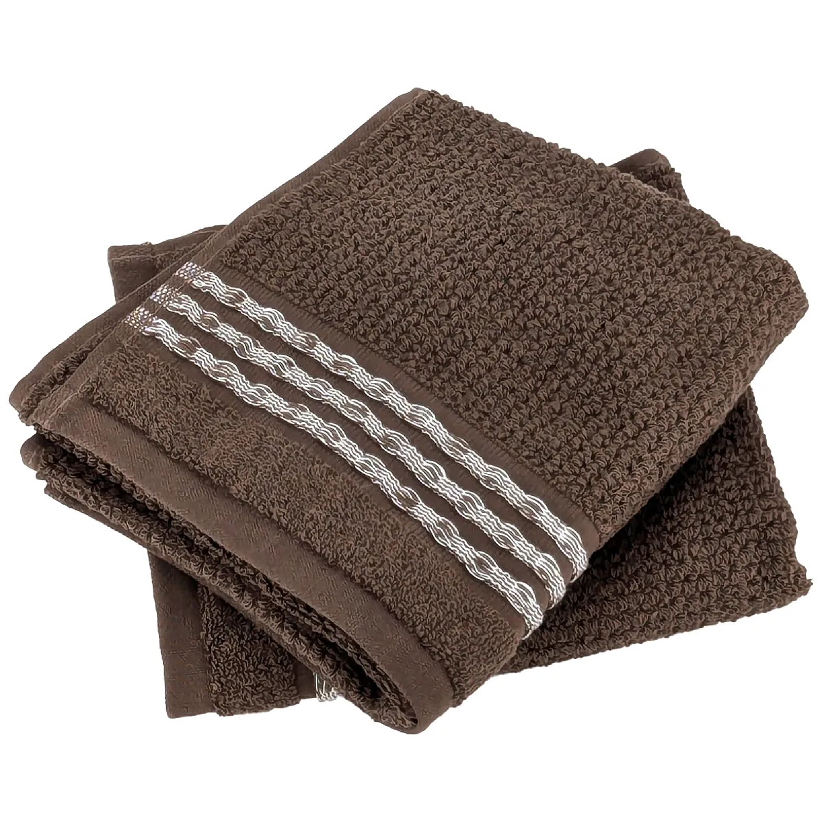 Lot De 2 Serviettes Invité 33x50 Cm Pur Coton Intense À Bordures Blanches Marron
