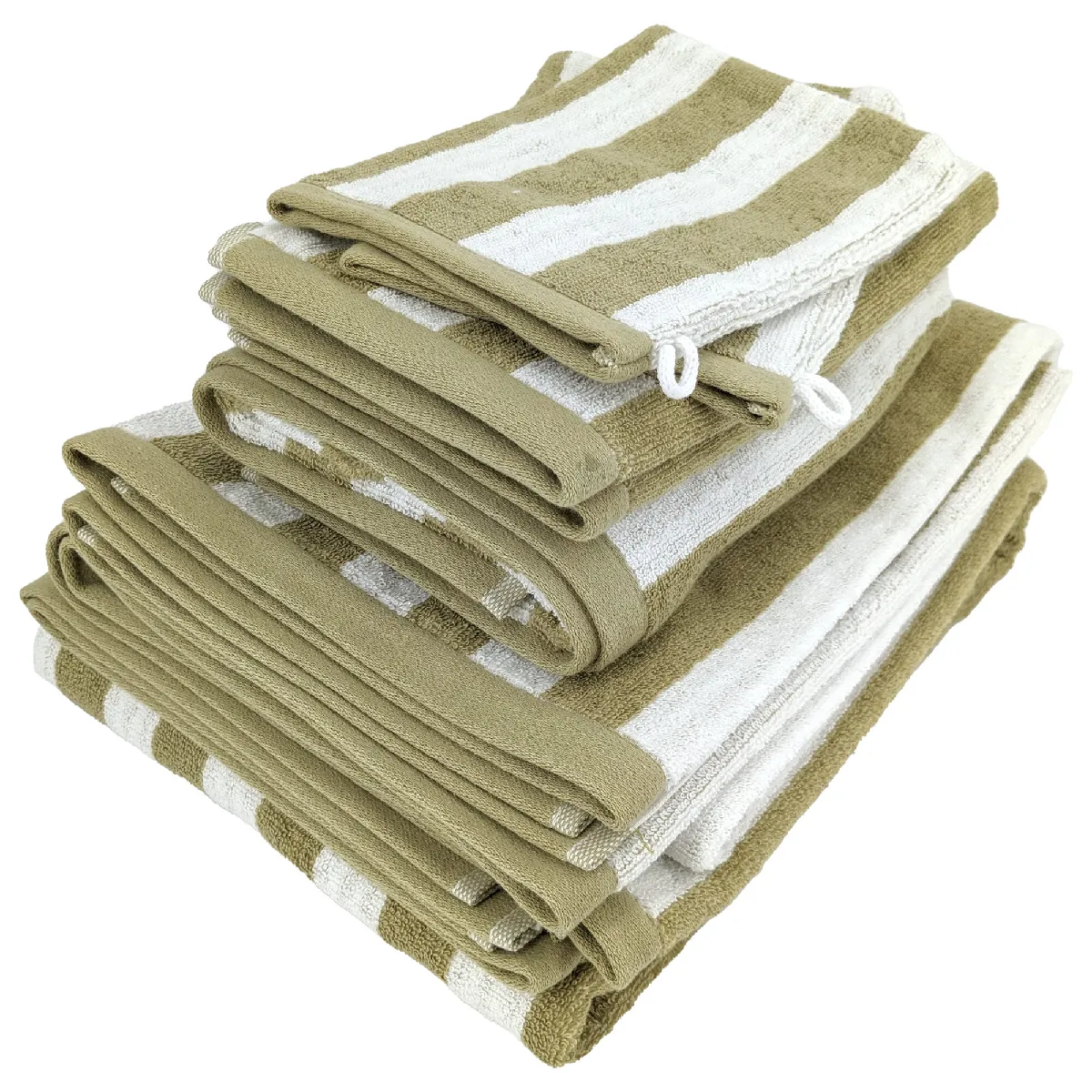 Parure De Bain Coton Collection Efficience Stripes 7 Pièces Vert Olive
