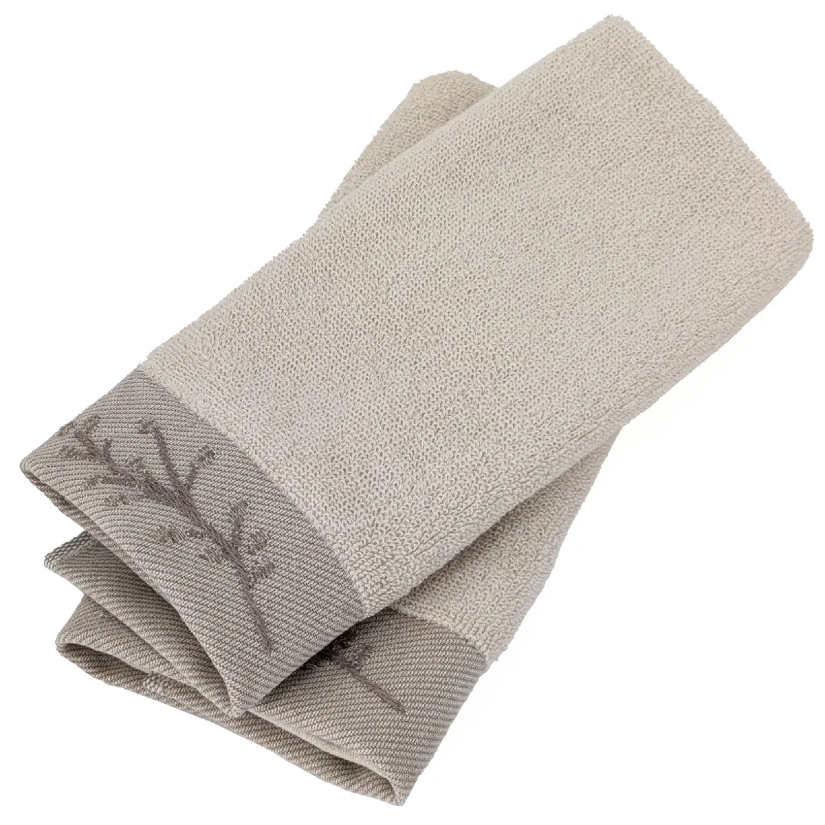Lot De 2 Serviettes Invité Absorbantes Coton 33x50cm Feuille Beige