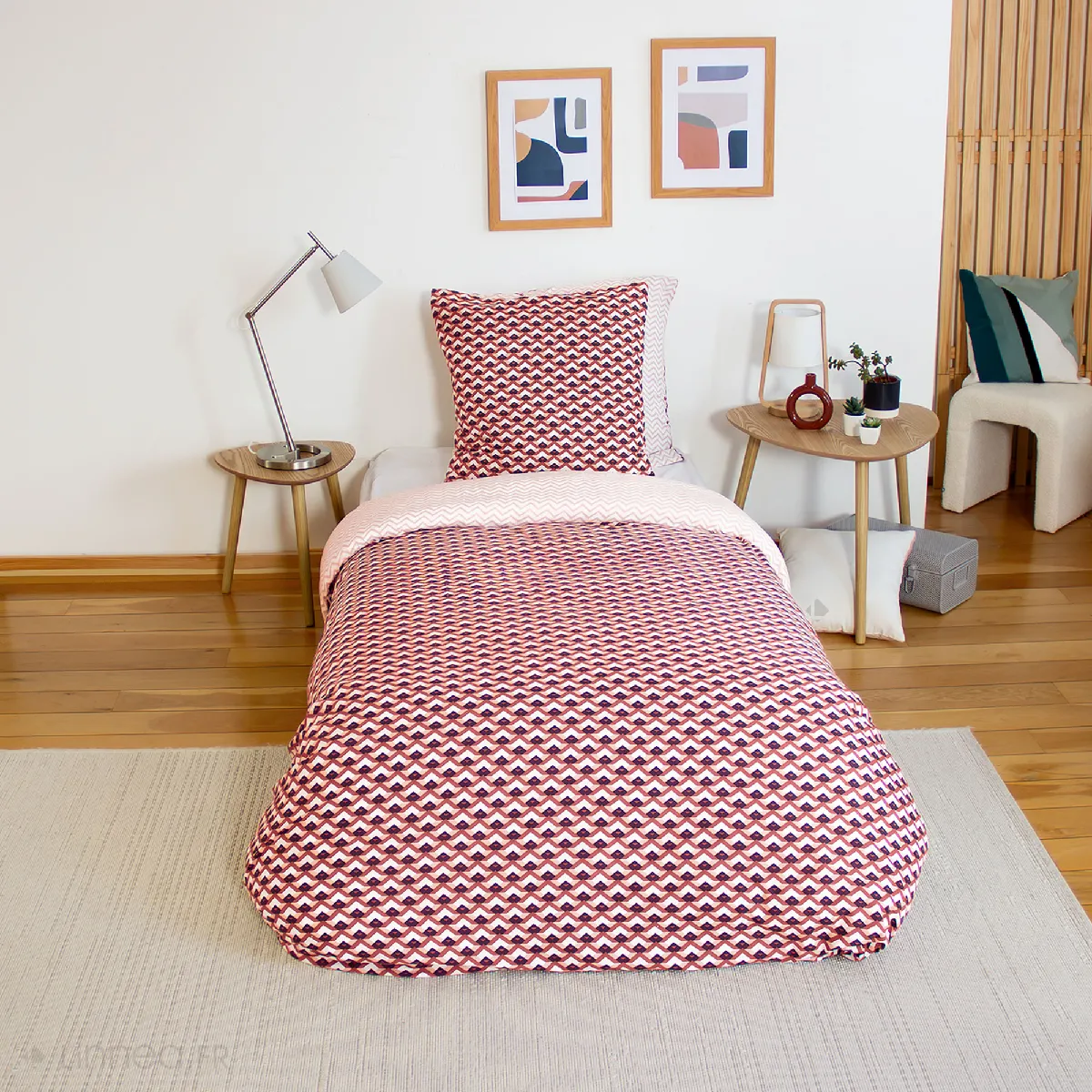 Parure De Lit 140x200 Cm En Microfibre Tiagoh Rouge Motif Géométrique 2 Pièces