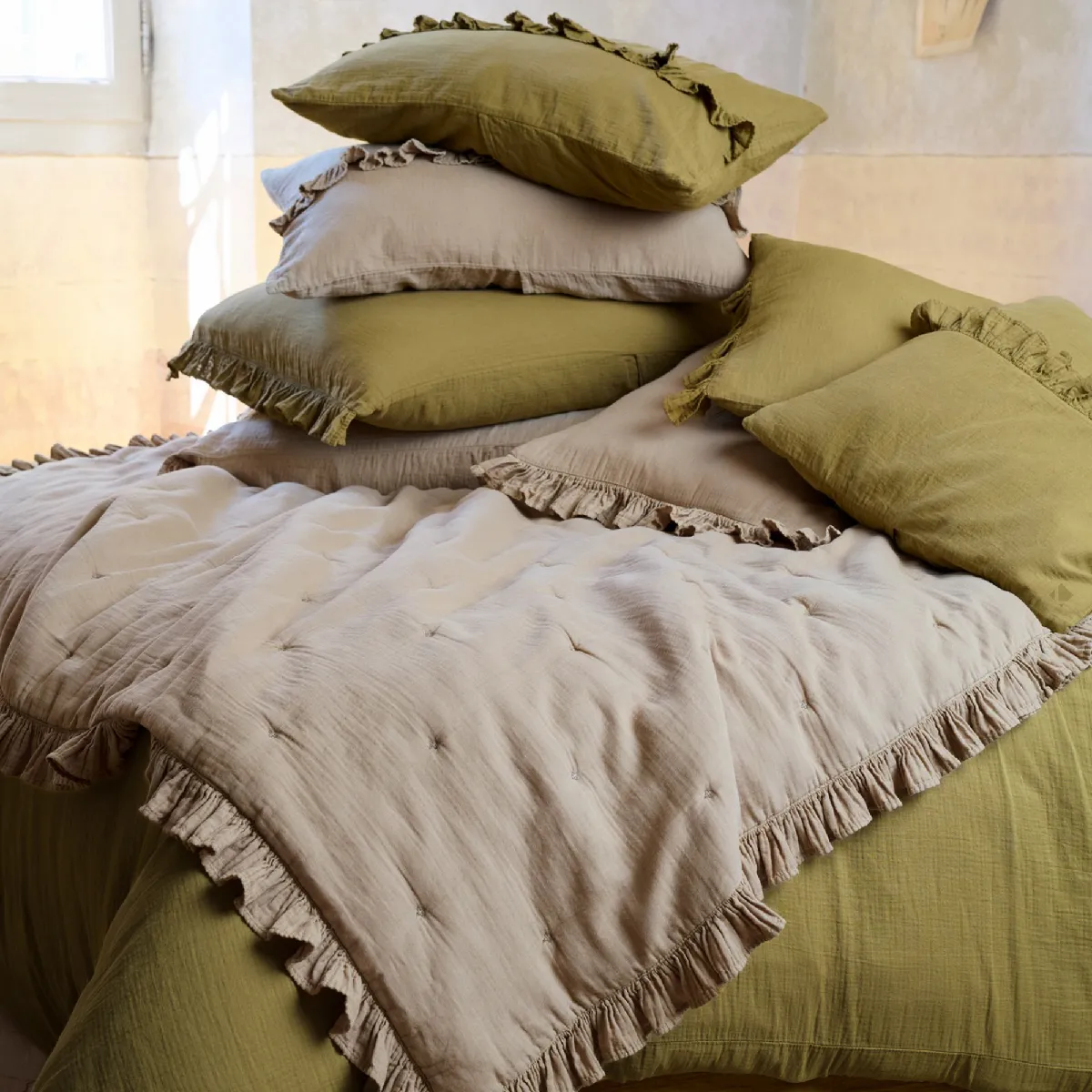Couverture Courtepointe En Mousseline De Coton 150x150 Cm + 5 Cm Elza Jaune Jasmin