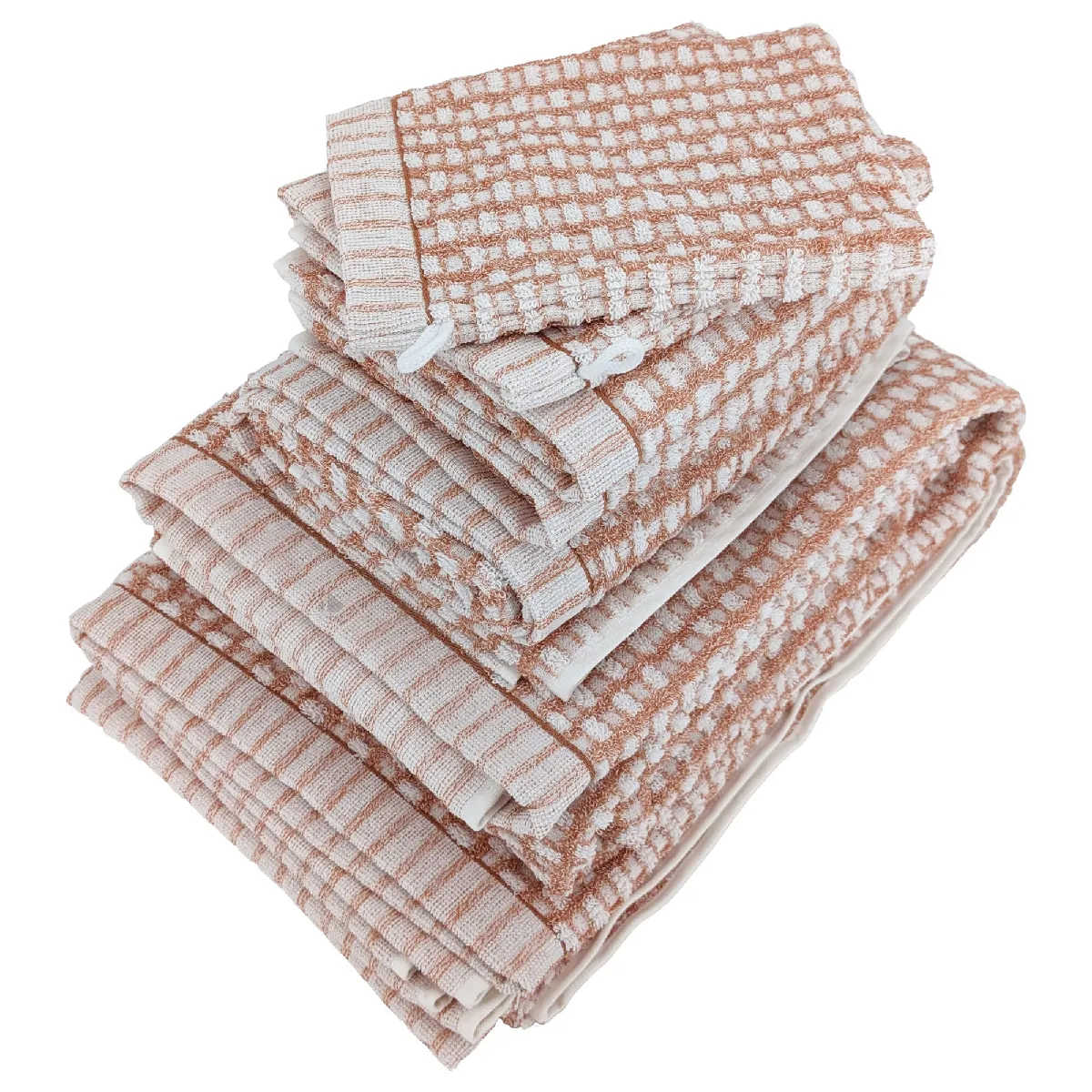 Parure De Bain Pur Coton Collection Glow Motifs Quadrillés 7 Pièces Marron