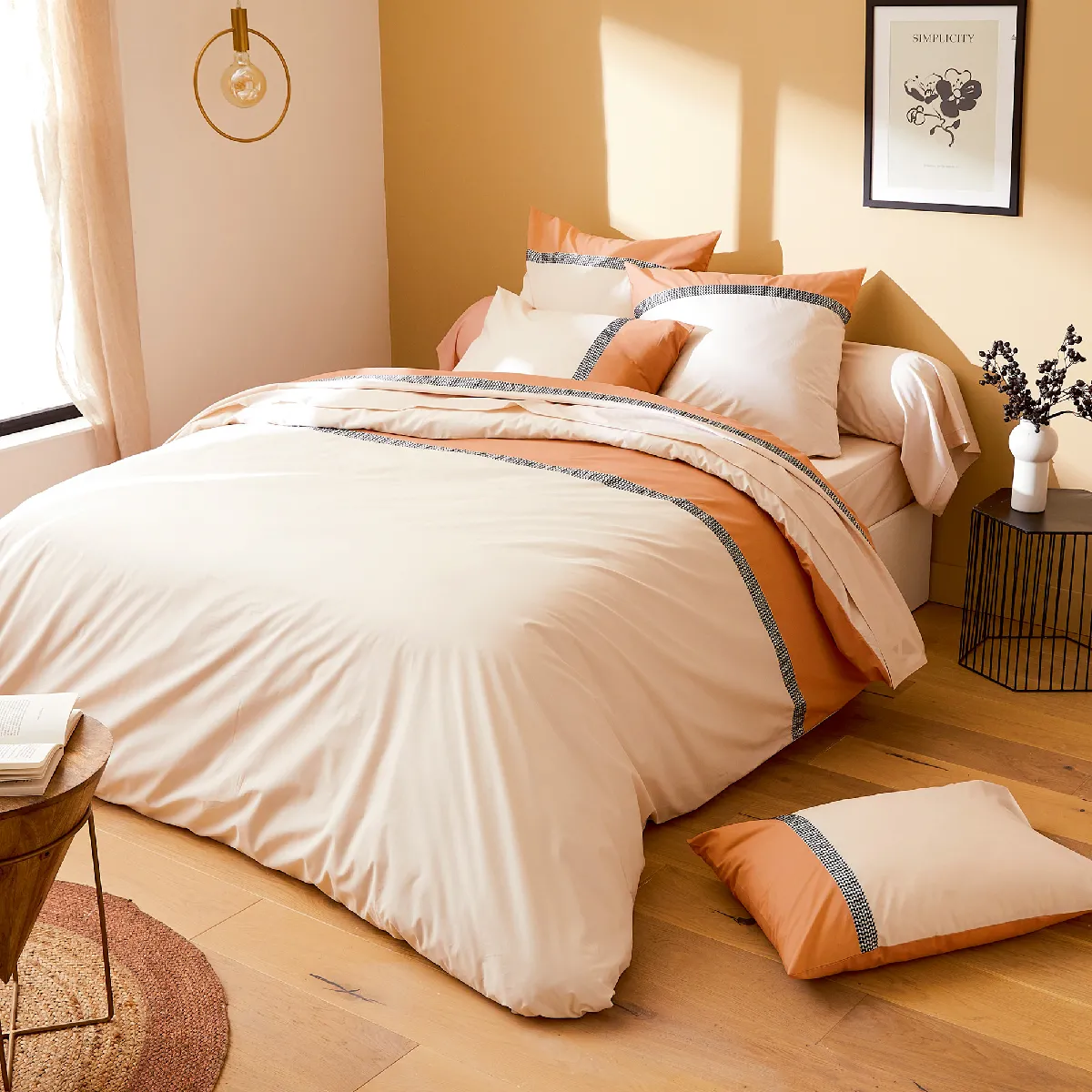 Parure De Lit 200x200 Cm 50x70 Cm Percale Macassar Cognac 3 Pièces