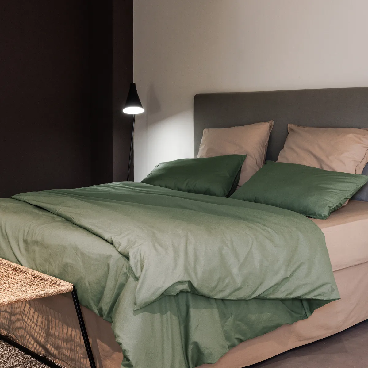 Parure De Lit 140x200 Cm Et 50x70 Cm Coton Lavé Palace Vert Mousse 2 Pièces