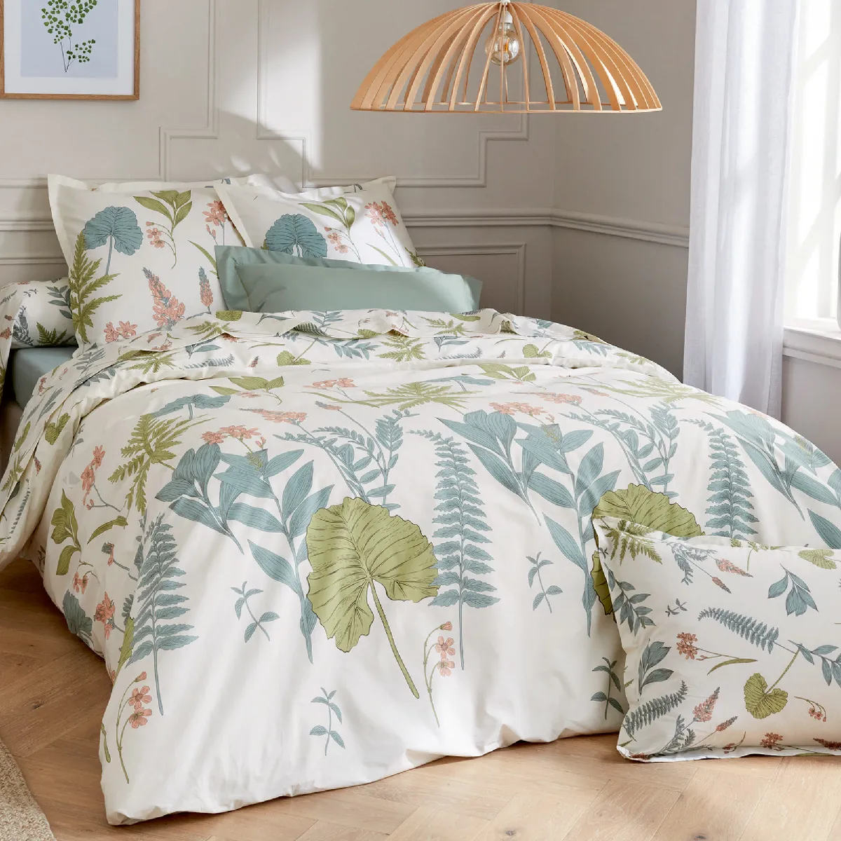 Parure De Lit 240x220 Cm 65x65 Cm Percale De Coton Féerie Blanc Sauge