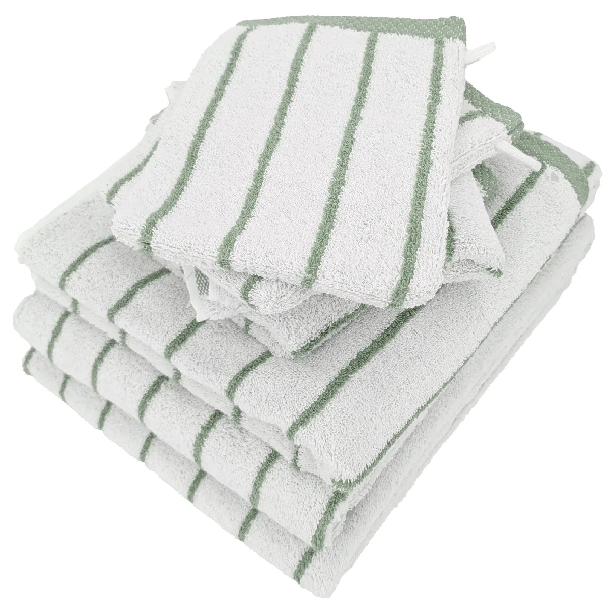 Parure De Bain 7 Pièces Collection Pure Light Motif Rayures Pur Coton Vert