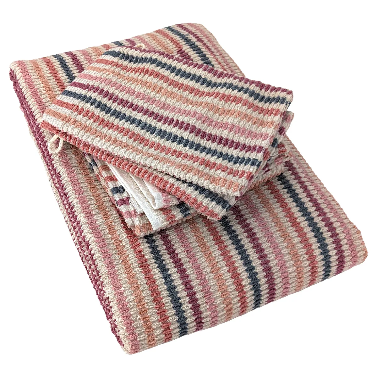 Parure De Bain À Rayures Pur Coton Collection Breeze 4 Pièces Rose