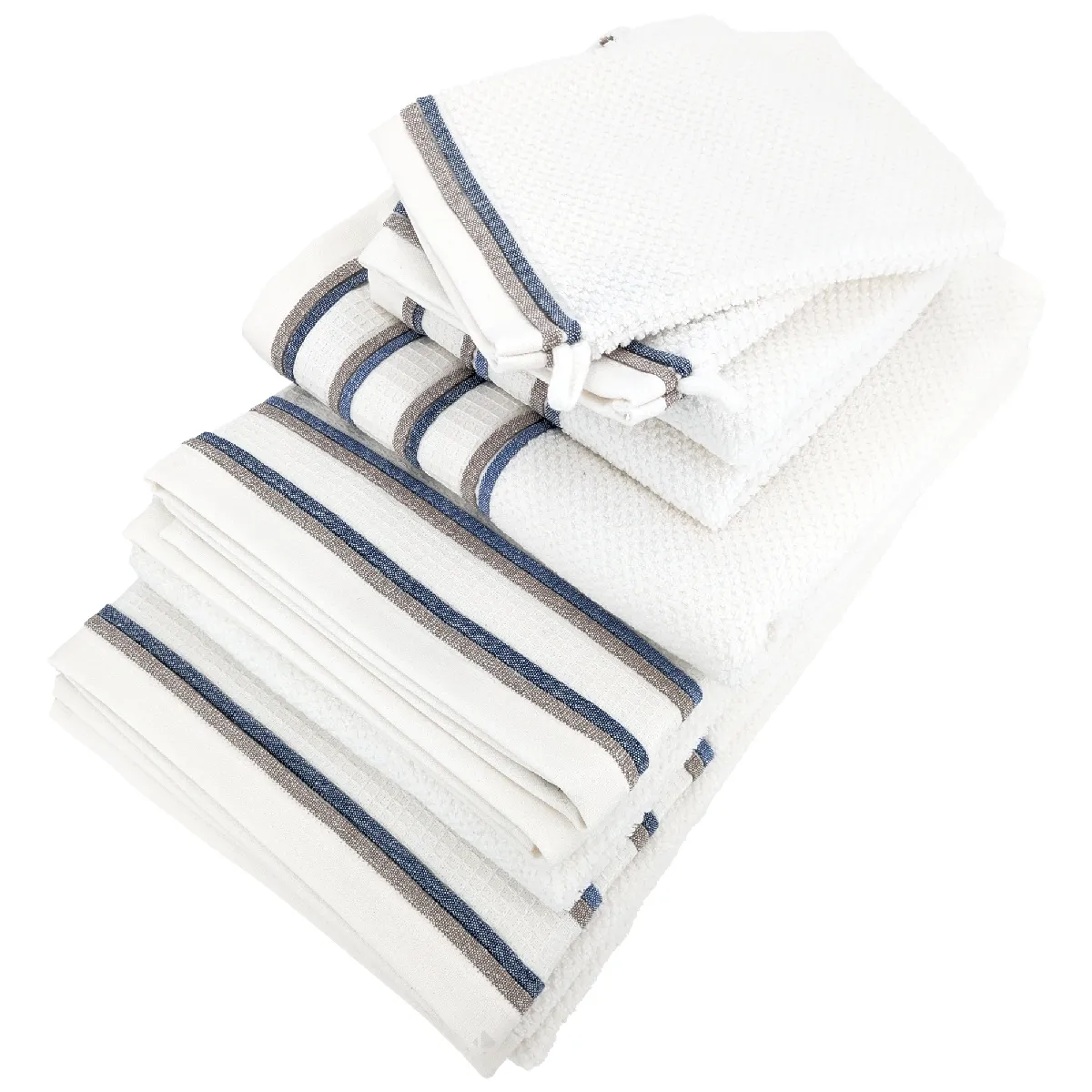 Parure De Bain 7 Pièces Coton Collection Serata Blanc Bleu