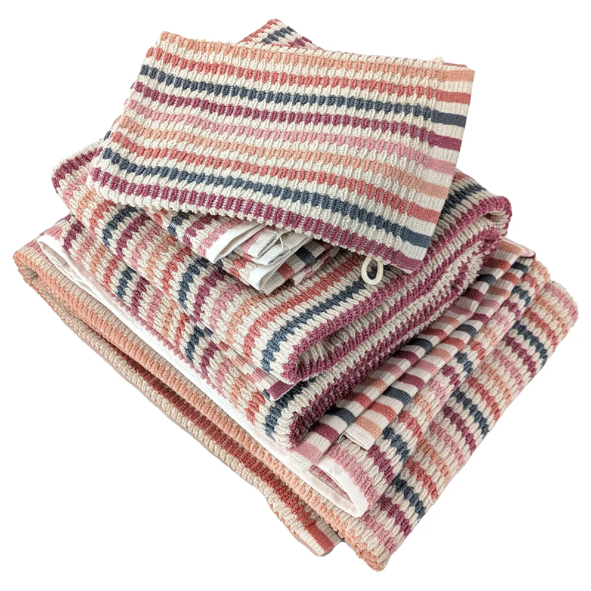 Parure De Bain À Rayures Pur Coton Collection Breeze 7 Pièces Rose