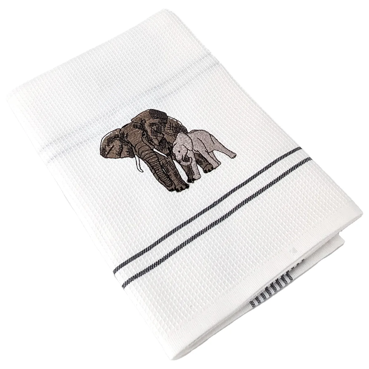 Torchon De Cuisine 50x70 Cm Waffle Brodé Coton Gris Broderie Éléphants