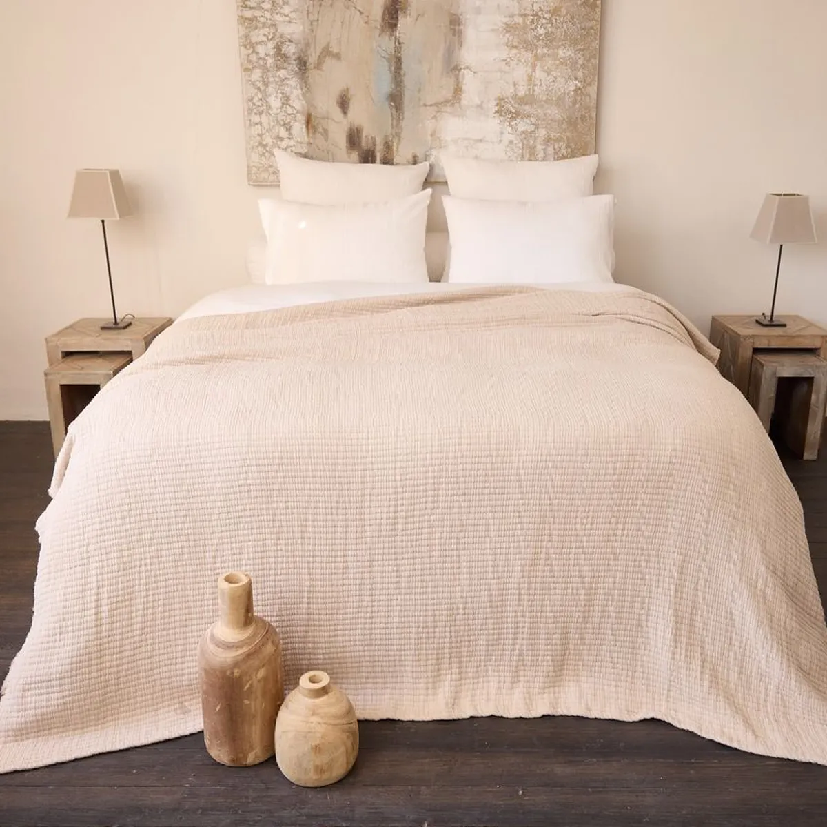 Dessus de lit 180x250 cm en coton lavé SEVILLE blanc latte