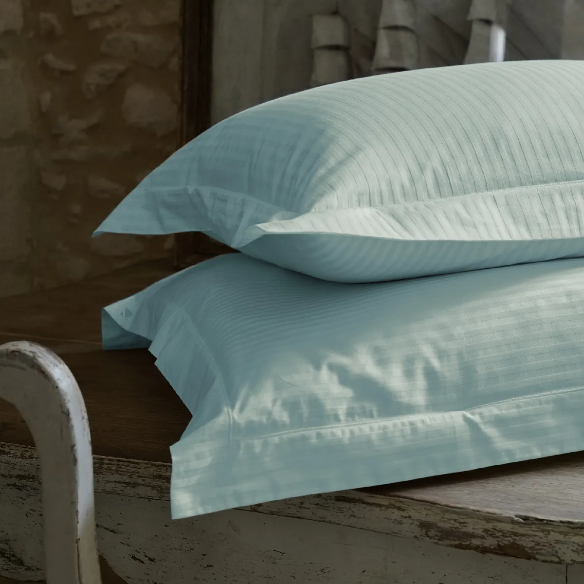 Parure De Lit 240x220 Cm Set 65x65 Satin Concerto Rayures Vert Lichen