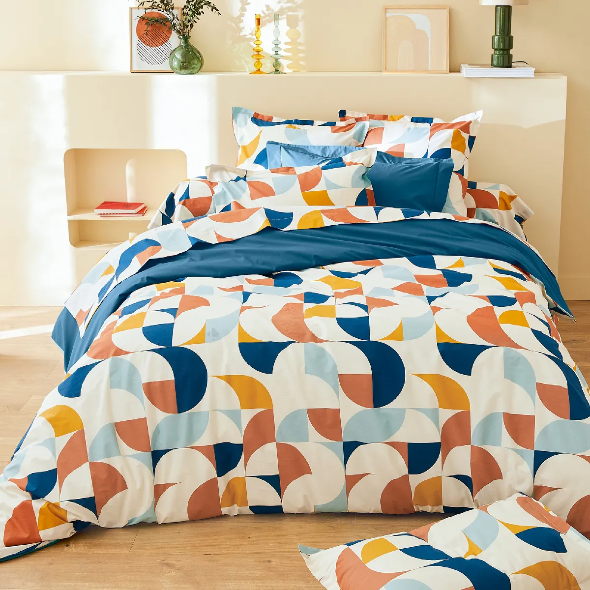 Parure 140x200 Cm 65x65 Cm Percale Modulo Bleu Cobalt 2 Pièces
