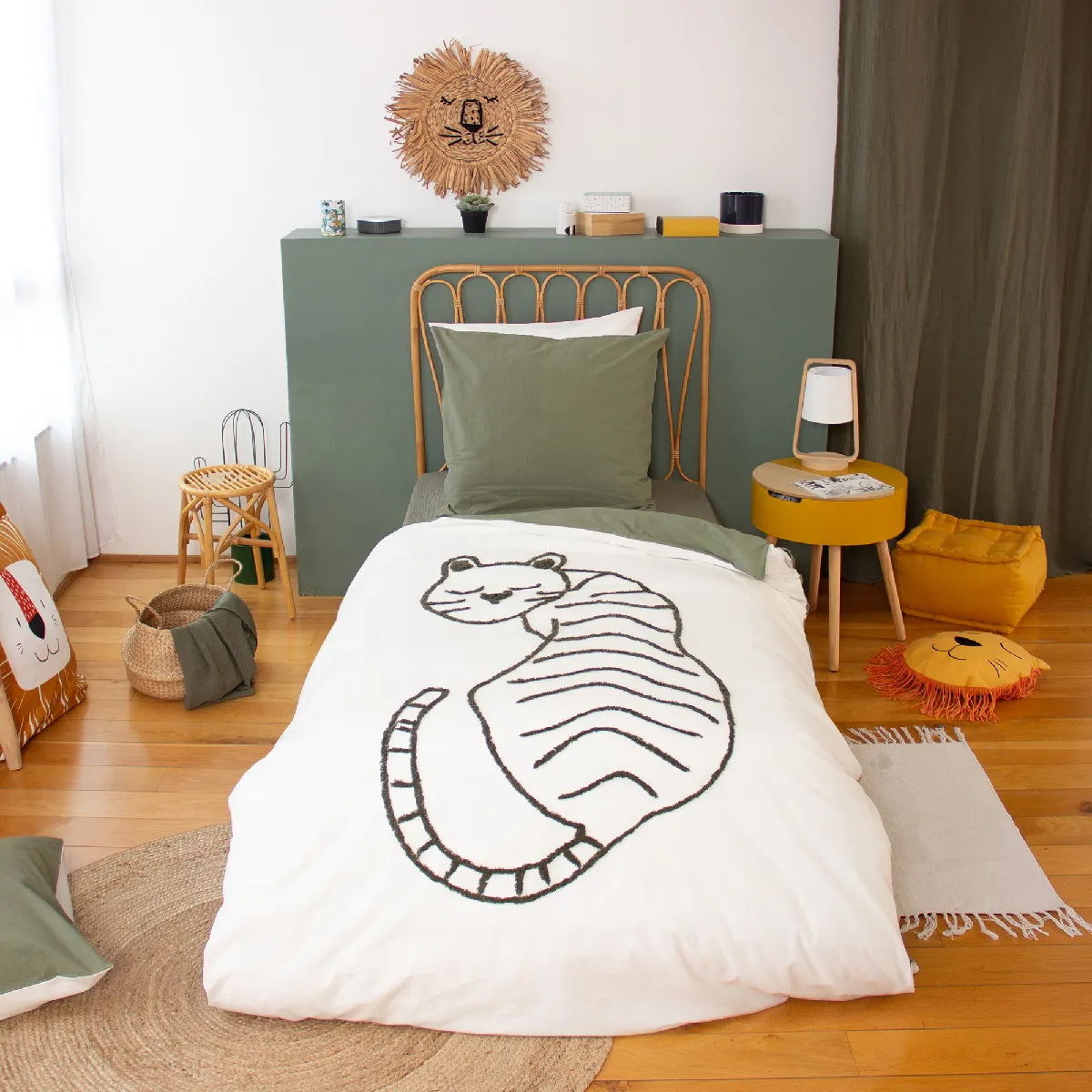 Parure De Lit Enfant 140x200 Cm Tigre Pur Coton Tufté Kaki 2 Pièces
