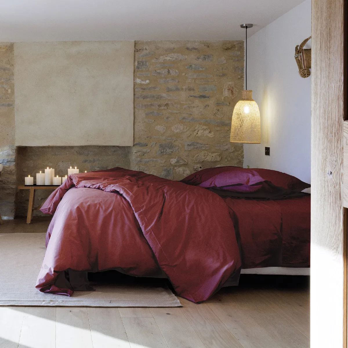Parure De Lit 240x220 Cm Set 65x65 Cm Percale Manoir Rouge Carmin