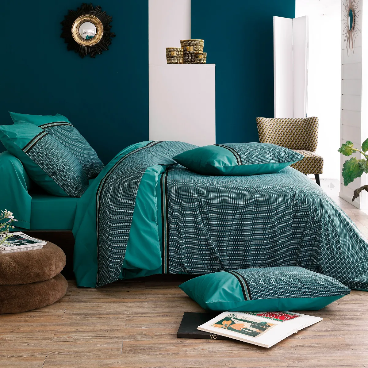 Parure De Lit 140x200 Cm 50x70 Percale Gustav Vert Emeraude 2 Pièces