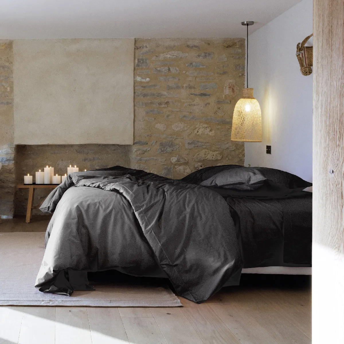 Parure De Lit 280x240 Cm Et Taie 50x70 Cm Percale Manoir Gris Ardoise