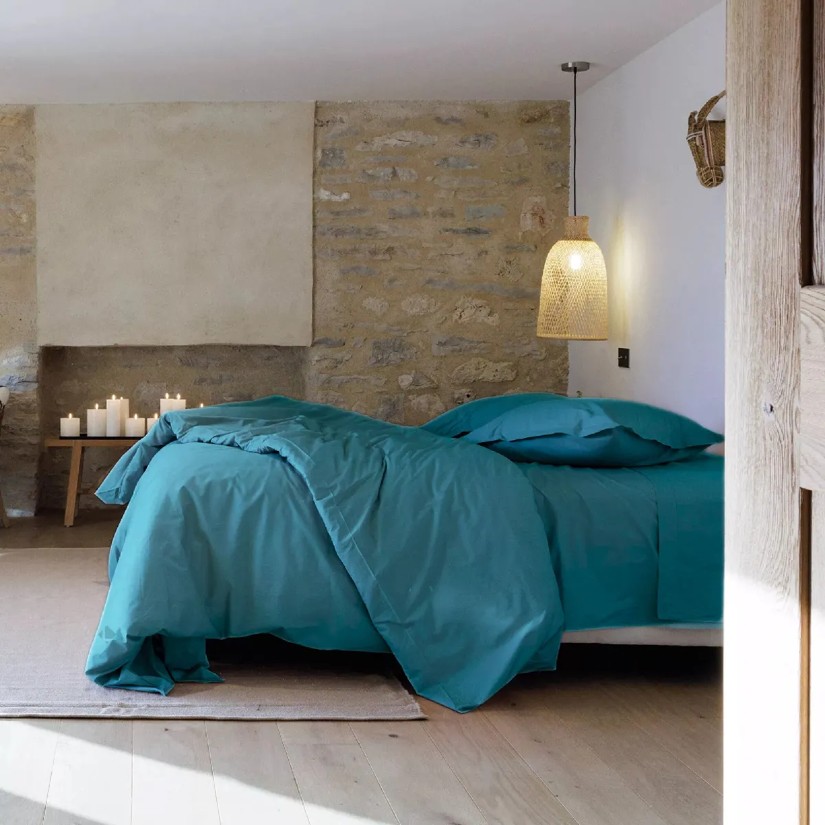 Parure De Lit 200x200 Cm Et Taie 50x70 Cm Percale Manoir Bleu Lagon