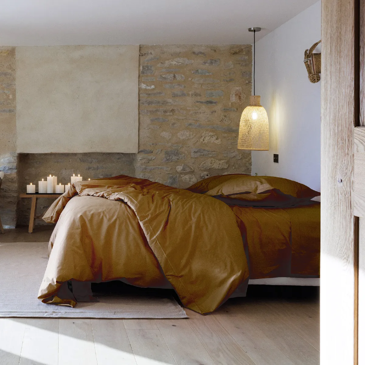 Parure De Lit 140x200 Cm Set 65x65 Cm Percale Manoir Marron Cognac