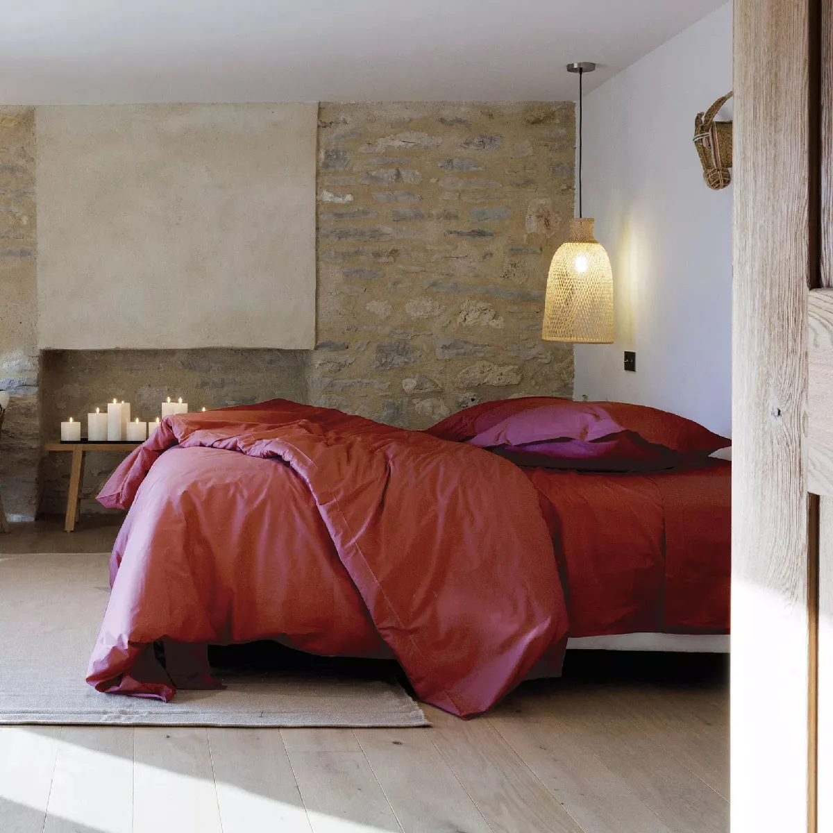 Parure De Lit 280x240 Cm Et Taie 65x65 Cm Percale Manoir Rose Pêche