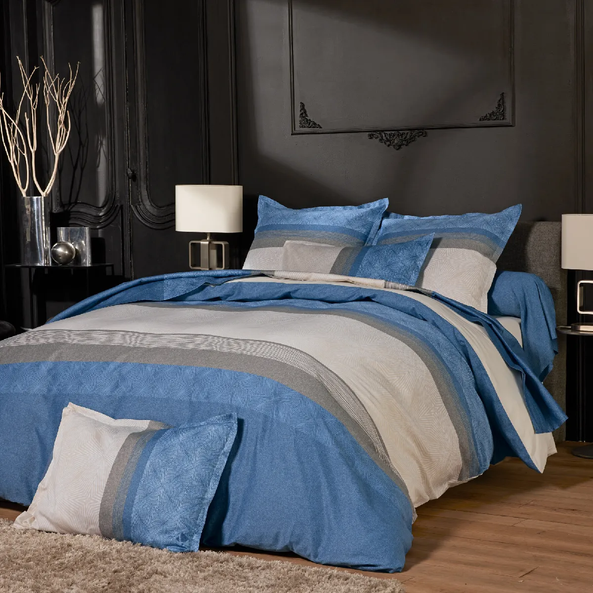 Parure De Lit 260x240 Cm 65x65 Cm Satin De Coton Tiago Bleu Indigo